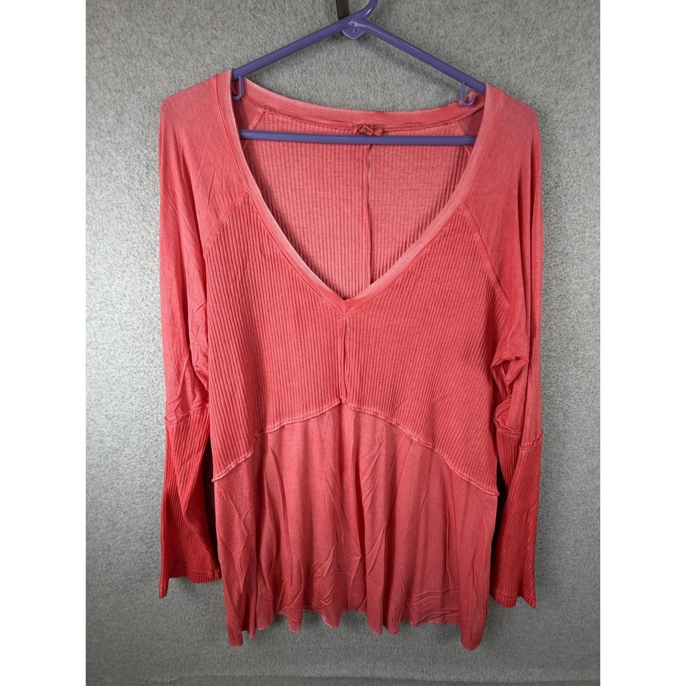 POL Tunic Top Womens Large Pink Ribbed V Neck Long Sleeve Hem Detail Boho
